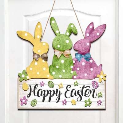 Houten Paas Deurbord Fresh Bunny - 12.6 x 14.6 Inch Paaskrans voor Voordeur, Lente en Winkeldecoratie
