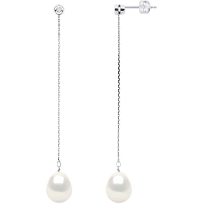 Oorbellen Prestige - Diamanten 0,02 Cts - Kwaliteit HSI - Wit Goud - Echte Gecultiveerde Zoetwaterpieren 9-10 mm