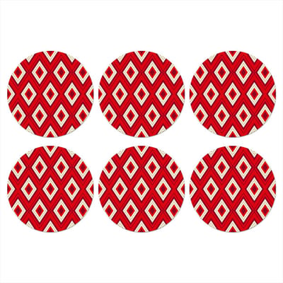 Onderzetters voor glazen - Rond - Kerst - Patronen - Ruit - Rood - 10x10 cm - Glasonderzetters - 6 stuks - Tafeldecoratie Kerstmis - Kerstdecoratie tafel - Tafelversiering