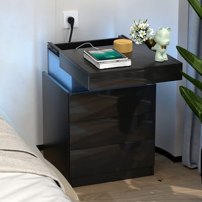 PIPIPOXER-Nachtkastje met stopcontact & USB, hoogglans met 3 lades, LED verlichting in 16 kleuren - zwart
