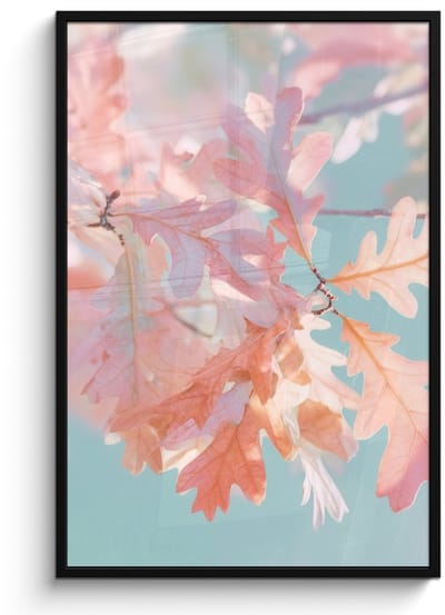 Poster in lijst - Fotolijst 80x120 cm - Posters - Eikenbladeren - Takken - Roze - Posterlijst zwart - Decoratie - Wanddecoratie woonkamer - Muurdecoratie slaapkamer