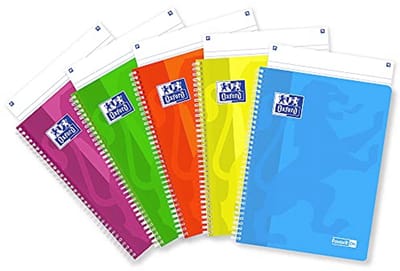 Notitieboek A4 met spiraalbinding, 90 g/m² papier, liniatuur 1R, set van 5, verschillende kleuren