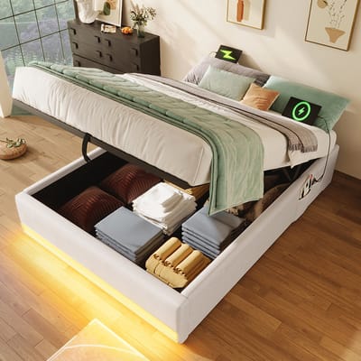 Komhtom Gestoffeerd bed, 90*200 cm, ledstrip met afstandsbediening, met USB en type C, met kleine opbergvakken, zonder hoofdeinde, hydraulische geheugenfunctie, zonder matras, beige