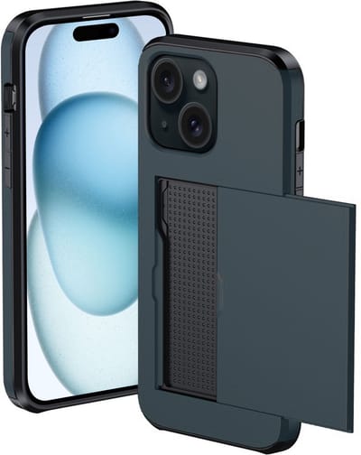 Hoesje Geschikt voor iPhone 15 Hoesje Met Pasjeshouder Hard Case Met Kaarthouder - Hoes Geschikt voor iPhone 15 Hoesje Pashouder Case - Donkerblauw