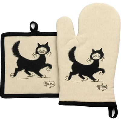 Winkler - Set Ovenwant en Pannenlap met Katten - Beige en Zwart - 18 x 28