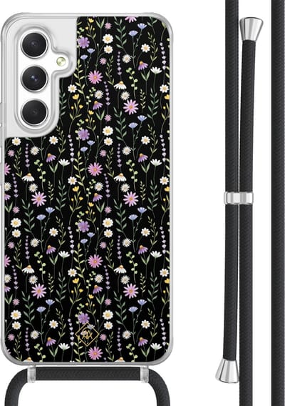 Casimoda® hoesje met koord - Geschikt voor Samsung A54 - Flower Fantasy - Afneembaar koord - TPU/acryl - Zwart