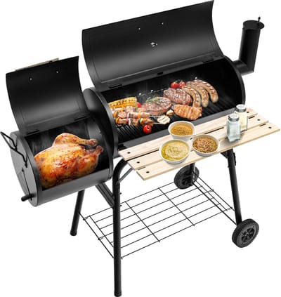 COSTWAY Houtskoolgrill met deksel, grillwagen met wielen, zijvuurbox, zijtafel, plank, houten handgrepen, thermometer, houtskoolgrill voor camping, terras, tuin