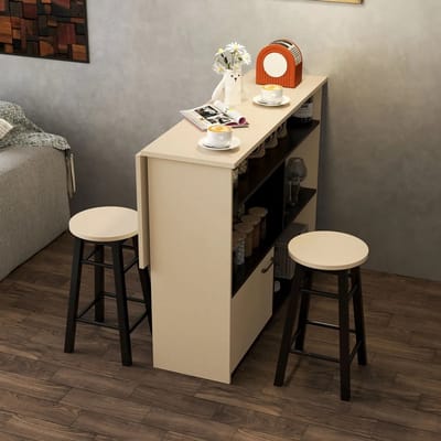 Gutent Barset - met klaptafel - 2 barkrukken - 6 opbergvakken - Zwart + Eik - 116 x 70 x 89,5 cm