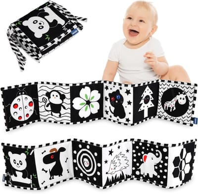 Zachte Baby Fotoboek met Geluid, Sensory Boek voor Baby's, Badboek en Speelboek in Zwart-Wit Dierenthema, Perfect Kraamcadeau