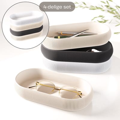 Fleuriek – Stapelbare organizer set 4-delig – Mix & match opbergsysteem – Trays + pennenhouder voor kantoor, bureau, badkamer & keuken – Zwart-Wit-Beige