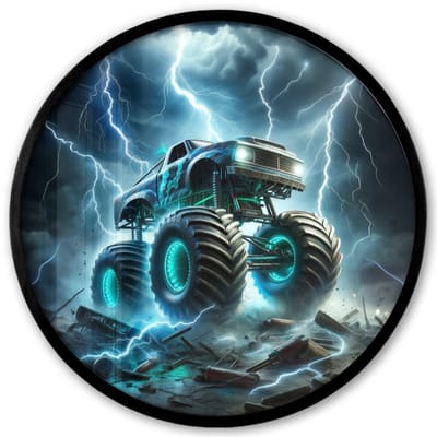 Poster in lijst Rond - Fotolijst 40x40 cm - Posters - Monstertruck - Bliksem - Blauw - Jongens - Auto - Ronde posterlijst zwart - Decoratie - Wanddecoratie woonkamer - Muurdecoratie slaapkamer