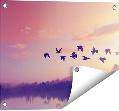 Gards Tuinposter Silhouet Vogels tijdens Zonsondergang - 50x40 cm - Tuindoek - Tuindecoratie - Wanddecoratie buiten - Tuinschilderij