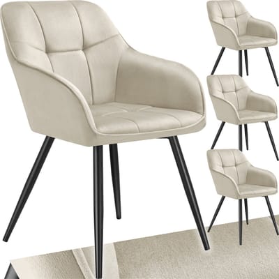 tectake® Eetkamerstoelen Marilyn - Set van 4 - Gestoffeerde Stoel in Fluweellook - Stikpatroon - Zwarte Stoelpoten - Ergonomische Keukenstoel - Doorlopende Rugleuning en Armleuningen - Stoel voor Woonkamer, Eetkamer, Slaapkamer - Creme