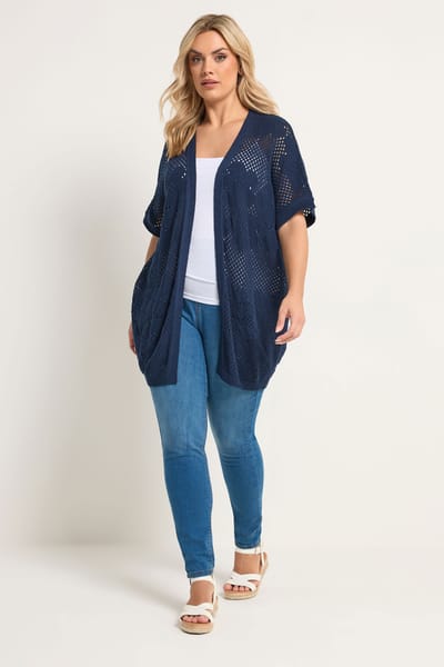 Yours Marineblauwe Bloemen Pointellegebreide Vest Size 54-56