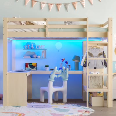 140x200 hoogslaper - met multifunctioneel rek - bureau - LED-verlichting en USB - houtkleur - zonder matras