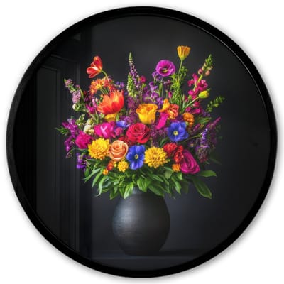 Poster in lijst Rond - Fotolijst 40x40 cm - Posters - Felgekleurd - Bloemen - Vaas - Ronde posterlijst zwart - Decoratie - Wanddecoratie woonkamer - Muurdecoratie slaapkamer
