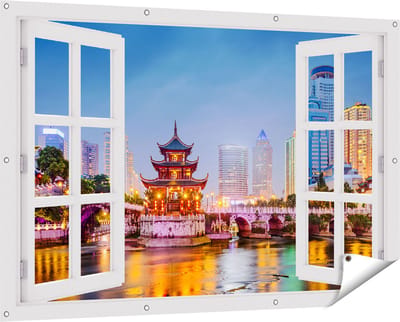 Gards Tuinposter Doorkijk Rivier bij Stad Guiyang in China - 150x100 cm - Tuindoek - Tuindecoratie - Wanddecoratie buiten - Tuinschilderij