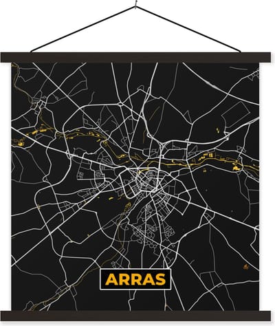 Posterhanger incl. Poster 60x60 cm - Schoolplaat - Plattegrond – Kaart – Stadskaart – Frankrijk – Arras - Textielposter - Zwarte latten - Stadskaart