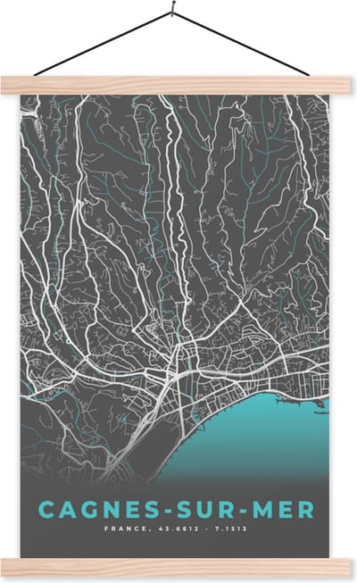 Posterhanger incl. Poster 40x60 cm - Schoolplaat - Plattegrond - Kaart - Cagnes-sur-Mer - Stadskaart - Frankrijk - Textielposter - Blanke latten - Stadskaart