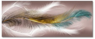 Allernieuwste.nl® Canvas Schilderij Luxe Veren Goud - Wit - Blauw - Moderne Kunst - Poster - 50 x 125 cm - Kleur