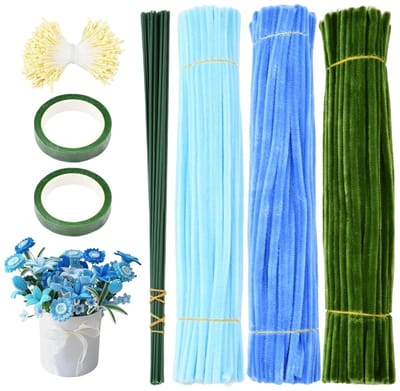 300 Stuks Pijpenragers Set voor Bloemschikken, Blauwe Tulp en Groene Draad, Creatief Knutselen met Chenille en Masking Tape