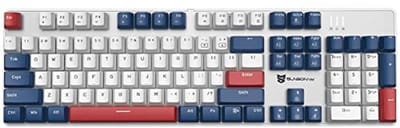 Qisan Mechanisch gaming-toetsenbord, bedraad toetsenbord, led-achtergrondverlichting, wit/blauw/rood, combo, 104 toetsen, Amerikaanse lay-out, gamingtoetsenbord met afneembare blauwe schakelaar