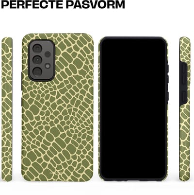 Casetastic hoesje geschikt voor Samsung Galaxy A52 (2021) 5G / Samsung Galaxy A52 (2021) 4G - Dubbellaagse bescherming - Exotische Groen Geel Krokodillen Schubben - Fashion Case - Saliegroen Beige