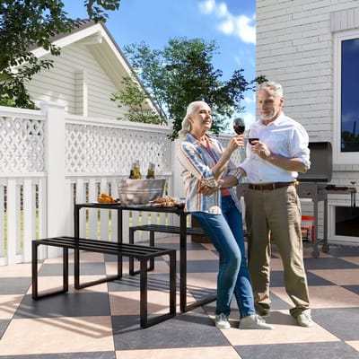 MEUNIQ 3-delige tuinset met tafel en 2 banken, metaal zwart, 110 x 55 x 70 cm, zitgroep voor 4 personen, tuin of terras