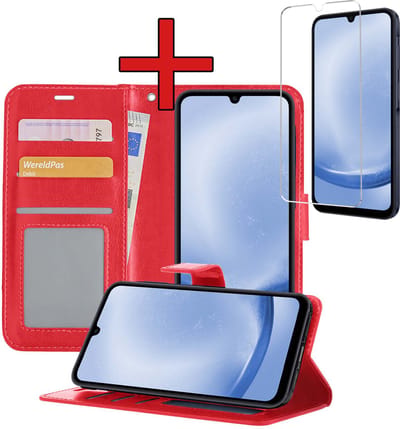 Hoesje - Met Screenprotector - Geschikt voor Samsung Galaxy A25 - Luxe Pasjeshouder - Flipcase - Bookcase Portemonee - Flip Case - Kunstleer Book Case - Book Cover - Walletcase - Portemonneehoes - Telefoonhoes - Rood