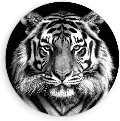 Saammp Muurcirkel Hout - Tijger - Zwart-Wit - Portret - Natuur - Dieren - Ø 90 - Wandcirkel - Wanddecoratie Cirkel - muurdecoratie Woonkamer - Slaapkamer decoratie - Rond Schilderij