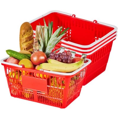 VEVOR Boodschappenmand, 4 stuks, 21 L, PE-kunststof draagmand met handvatten, stapelbare universele mand, draagbare kunststof mand voor boodschappen, detailhandel, winkels, supermarkten, thuisgebruik, rood