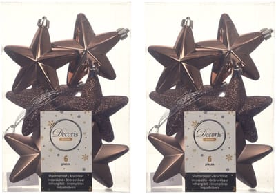Decoris kersthanger sterren - 18x st - walnoot bruin - 7 cm - kunststof - kerstornamenten - kerstversiering