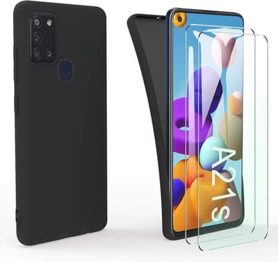 Soft Back Cover Hoesje Geschikt voor: Samsung Galaxy A21S TPU Silicone rubberen + 1x Tempered screenprotector - zwart