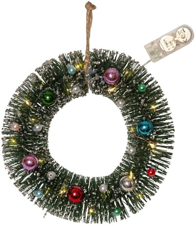 Star Trading Kleine decoratieve kerstkrans 'Decorini', versierd, LED-verlichting, batterij + timer, groen, Ø 20 cm