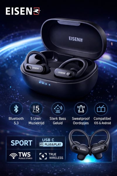 Eisenz EZ-6 Sport TWS Bluetooth Oordopjes – Draadloze Headset met Oorhaak – Bluetooth 5.3 – 5 Uur Speeltijd – Type-C Oplaadcase – Zwart