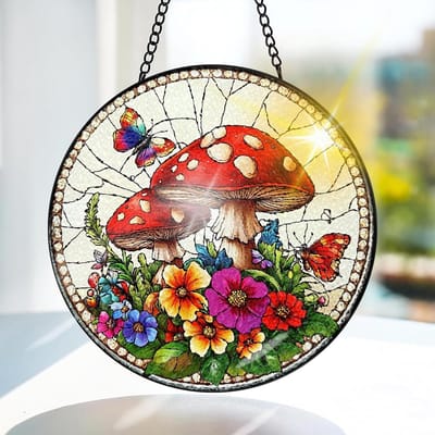 Mushroom Geïnspireerde Glas-in-lood Raamdecoratie - Bloemenontwerp voor Binnen en Deur - 20x20 cm met Ketting en Haak - Unieke Woondecoratie en Cadeau Idee