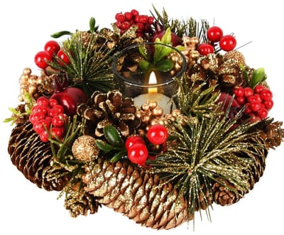 Dekoratief | Tafelstukje m/bessen/dennenappels, goud/rood/groen, 20x20x7cm | A255597