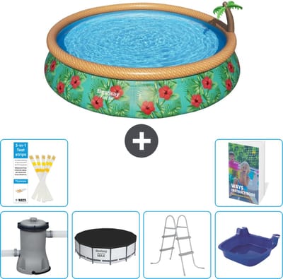 Bestway Rond Opblaasbaar Fast Set Zwembad - Paradijsprint - 457 x 84 cm - Inclusief Pomp Afdekzeil - Ladder - Voetenbad - 7-delig