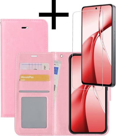 Hoesje - Met Screenprotector - Geschikt voor OnePlus Nord CE4 - Luxe Pasjeshouder - Bookcase Portemonee - Flip Case - Kunstleer Book Case - Flipcase - Book Cover - Walletcase - Portemonneehoes - Lichtroze