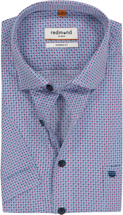Redmond modern fit overhemd - korte mouw - popeline - blauw met rood en wit dessin - Strijkvriendelijk - Boordmaat: 39 - 40