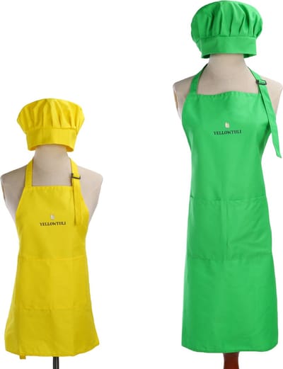 [Moeder Dochter Kookschort] - [100%Katoen] - [Kinderschort Met Kokmuts 2 set] - [kinderschort jongens Geel]-[ keukenschort kind]-[kinderkookschort]-[kinderschortje]-[ keukenschort kind]-[Apron with Chef Hat]-[Kids Apron Yellow and Green] [moederdag]