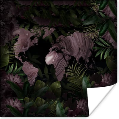 Poster 30x30 cm - Wereldkaart - Paars - Planten - Posters - Kamer decoratie - Wanddecoratie woonkamer - Muurdecoratie slaapkamer