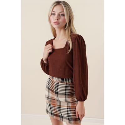 Gestructureerde Vierkante Kraag Lange Mouwen Blouse