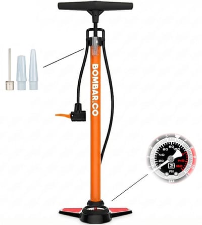 BOMBAR Fietspomp met Drukmeter 11 Bar / 160 PSI – Vloerpomp Inclusief Ventieladapters – Voor Fiets, Auto, Scooter & Ballen – Aluminium – Oranje