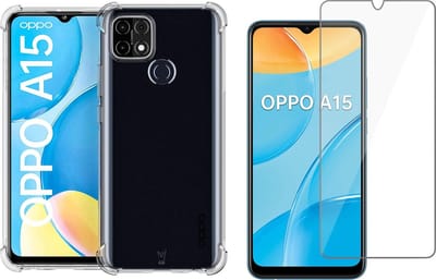 Hoesje geschikt voor Oppo A15 - Anti Shock Proof Siliconen Back Cover Case Hoes Transparant - Tempered Glass Screenprotector