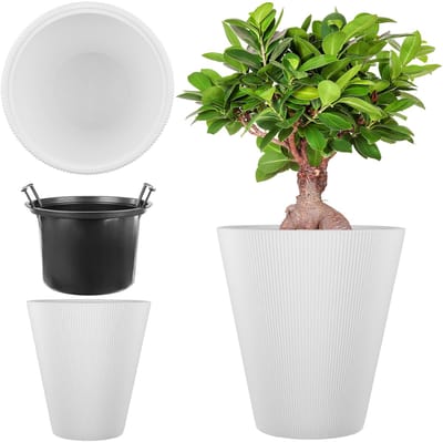 KADAX plantenbak Ø 29,5 x H 32,5 cm, moderne bloembak met binnenpot & geribbeld design, grote plantenpot van kunststof (wit)