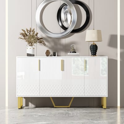 MODFU Hoogglans Sideboard met 4 Deuren, Metalen Handgrepen en Poten, Geometrisch Ontwerp in Wit, 140L x 40B x 80H cm