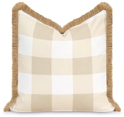 Waterafstotende sierkussenhoes voor binnen en buiten - 50 x 50 cm, neutrale bruine plaid met franje