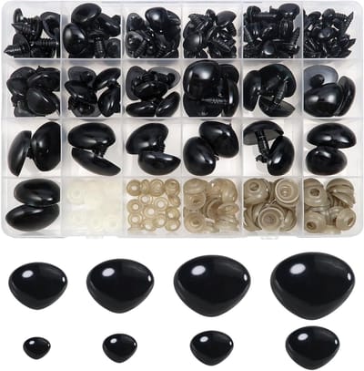 114 stuks Veiligheidsneus met Sluitringen - Zwart Kunststof Poppenneus - 9 tot 29 mm - DIY Knutselen - Handpoppen - Pluche Poppen