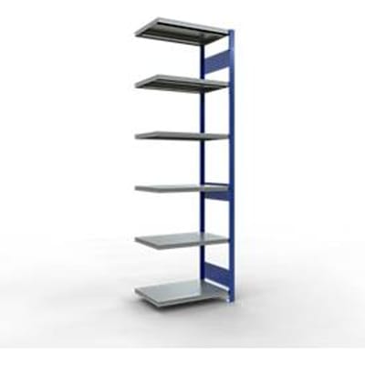 Schulte Lagertechnik MULTIplus 250 boutloos rekkensysteem, boutloze aanbouwstelling, lengte bout, 2500x750x500 mm, 6 legborden, gentiaanblauw/verzinkt